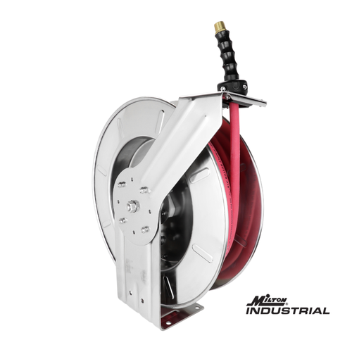 Milton™ Industrial Stainless Steel Hose Reel Retractable, 1/4" ID x 25' EPDM hose w/ 1/4" NPT, 300 PSI