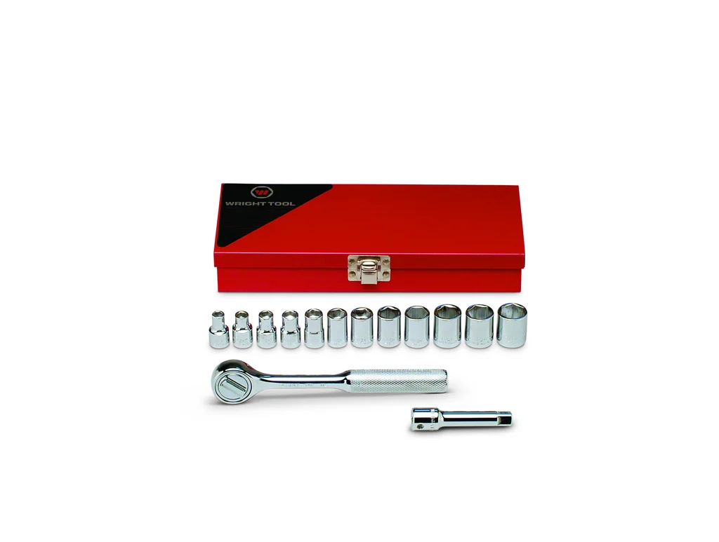 3/8″ Drive 14 Piece Metal Boxed Set – 6 Point Standard Metric Sockets, 6mm – 17mm, Ratchet, 3″ Extension