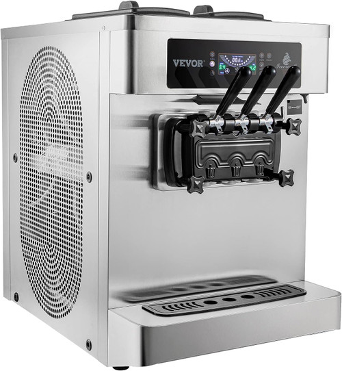 Countertop Ice Cream Maker, 20-28L/H Yield, 2+1 Flavors Soft Serve Machine w/ Two 7L Hoppers 1.8L Cylinders Puffing Pre-Cooling Shortage Alarm, 2450W Frozen Yogurt Maker for Restaurant Snack Bar