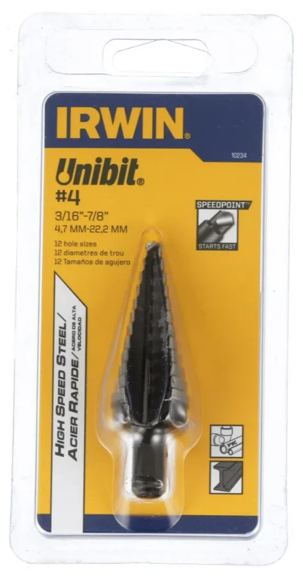 Unibit #4 Step Drill Bit, 3/16 To 7/8 In., 12 Steps, 3/8 In. Hex Shank