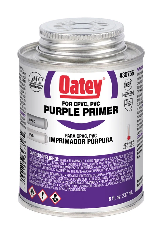 Purple Pvc/cpvc Pipe Primer - 8 Oz Bottle For Fast, Code-compliant Solvent Welds