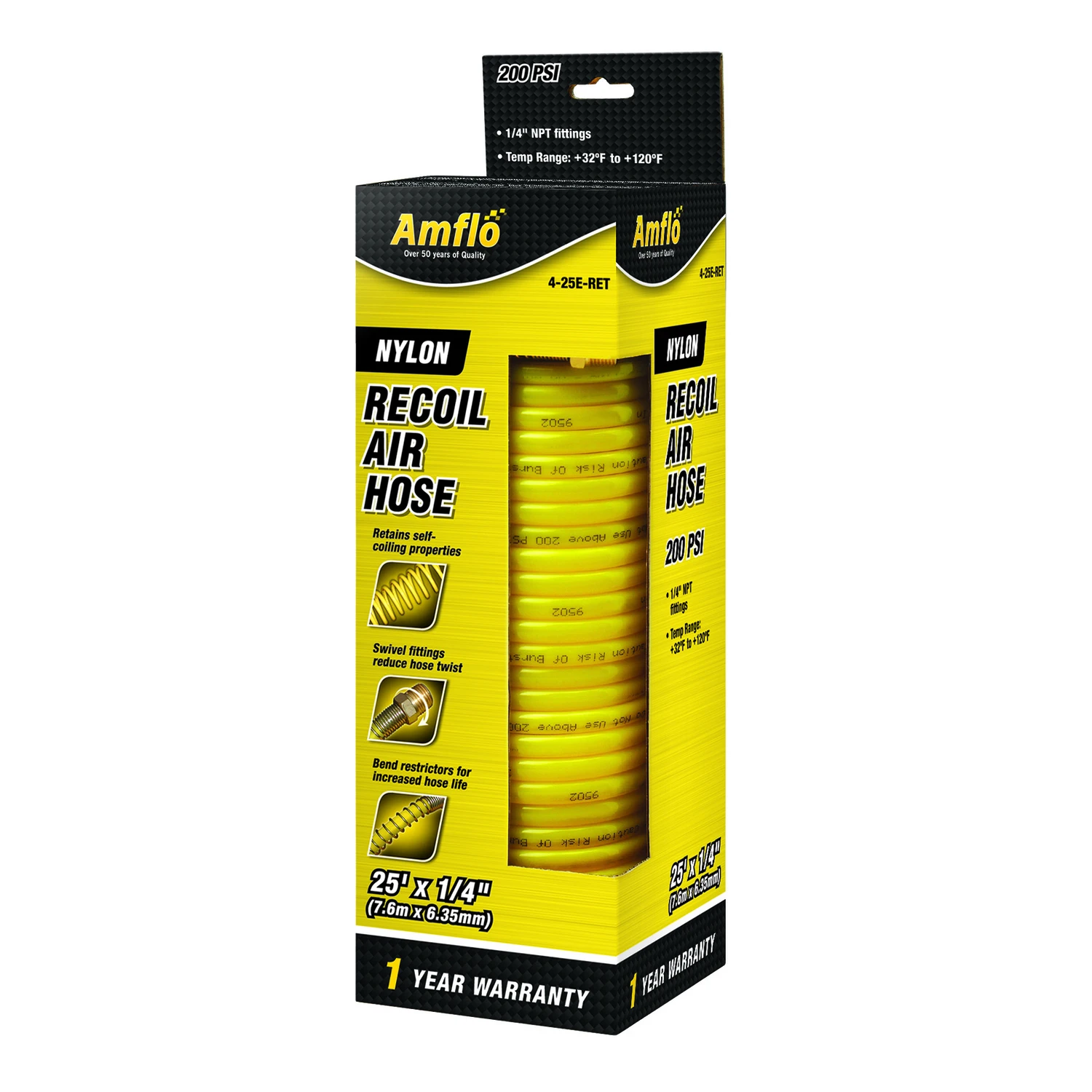 Nylon Recoil Air Hose 1/4 In X 25 Ft – Lightweight Yellow With Brass Fittings