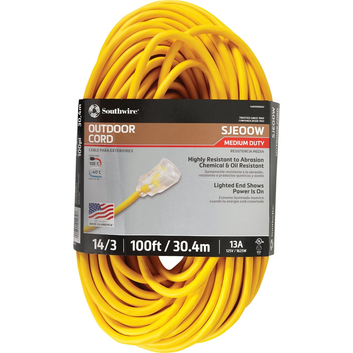 Polar Solar Outdoor Extension Cord, Contractor Grade, 14/3 Sjeow Yellow, 100 Ft.