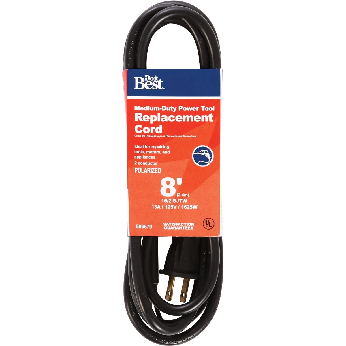 8 Ft 16/2 Sjtw Medium-duty Power Tool Replacement Cord — Ul Listed, Polarized Nema 1-15p