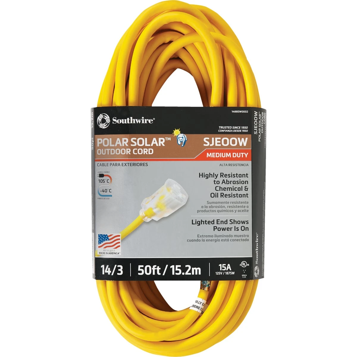 Polar Solar Outdoor Extension Cord, Contractor Grade, 14/3 Sjeow Yellow, 50 Ft.