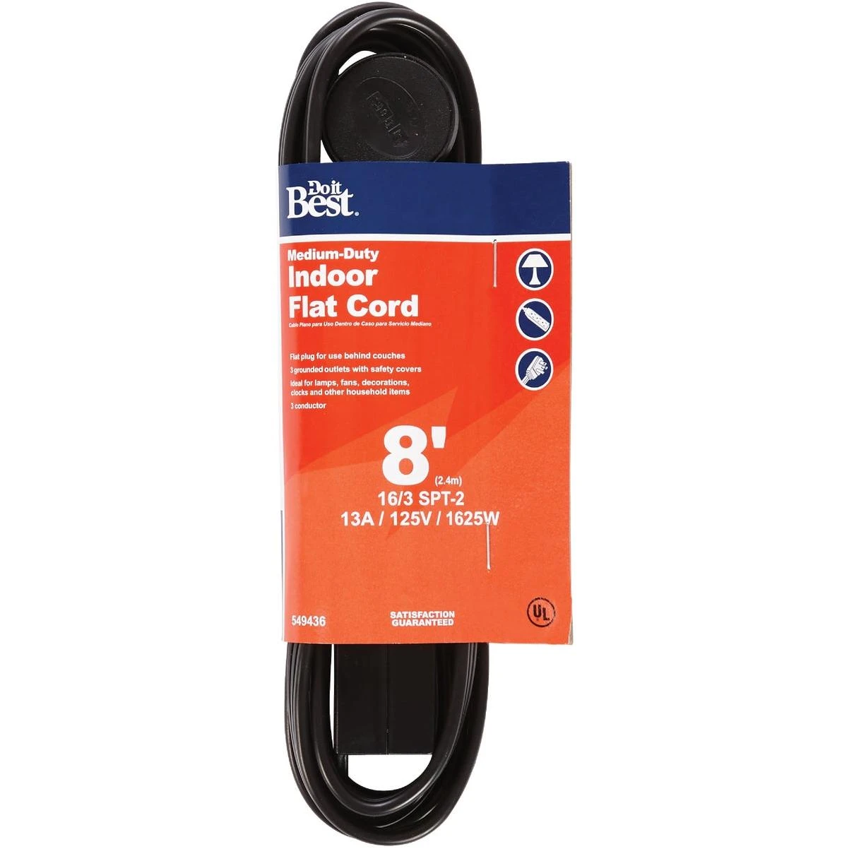 8 Ft. 16/3 Flat Plug Black Extension Cord