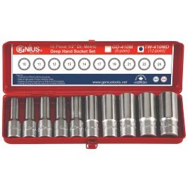 Genius Tools Deep Hand Socket Set Metric 10-24mm 1/2 Inch Drive 12-Point 10 Piece Durable Chrome Vanadium Steel – TW-410MD