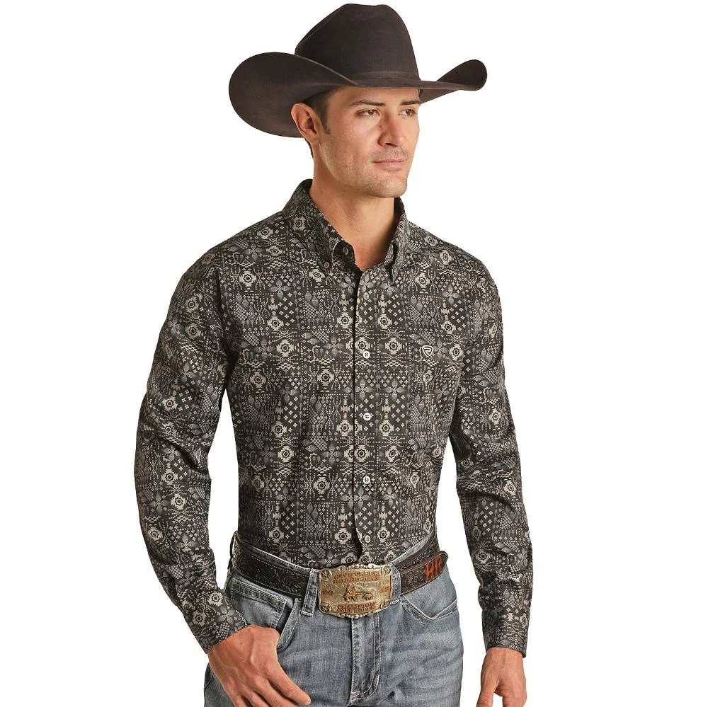 Rock & Roll Denim N Mens Long Sleeve Bandana Print Shirt