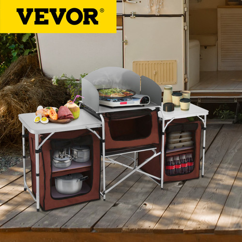 Camping Kitchen Table, 3 Storage Organizer, Aluminum Windscreen Outdoor Folding Grill Station with 2 Side Tables, Camping Supplies and Accessories for BBQ Picnic Fishing Party Use, Brown