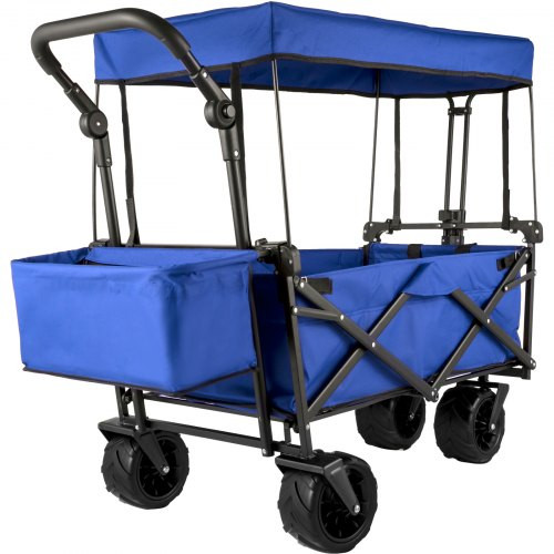 Extra Large Collapsible Garden Cart with Removable Canopy, Folding Wagon Utility Carts with Wheels and Rear Storage, Wagon Cart for Garden, Camping, Grocery Cart, Shopping Cart, Blue