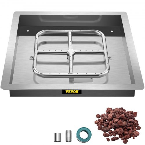 Drop in Fire Pit Pan, 36" x 36" Square Fire Pit Burner, Stainless Steel Gas Fire Pan, Fire Pit Burner Pan w/ 1 Pack Volcanic Rock Fire Pit Insert w/ 300K BTU for Keeping Warm w/ Family & Friends
