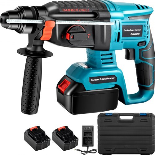 SDS-Plus Heavy Duty Rotary Hammer Drill, 1400rpm & 4500bpm Variable Speed Electric Hammer, 4 Functions Cordless Drill w/ Ruler, 360° Rotary Handle 18V Batteriesx2 Demolition Hammer for Concrete