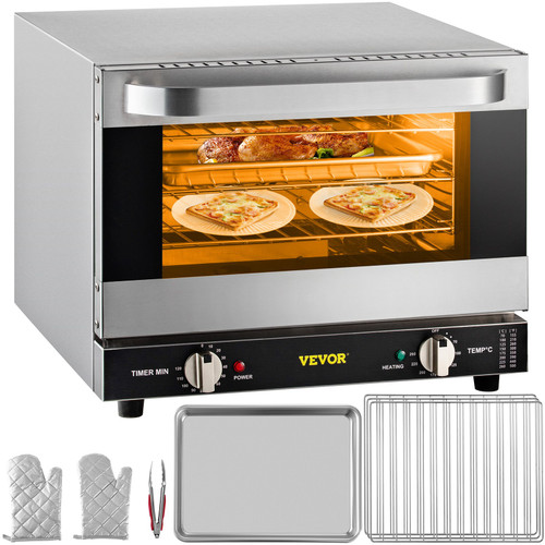Commercial Convection Oven, 21L/19Qt, Quarter-Size Conventional Oven Countertop, 1440W 3-Tier Toaster w/ Front Glass Door, Electric Baking Oven w/ Trays Wire Racks Clip Gloves, 120V, ETL Listed