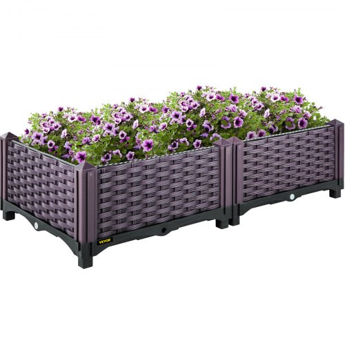 Plastic Raised Garden Bed, Set of 2 Planter Grow Box, 9.1" H Self-Watering Elevated for Flowers, Vegetables, Fruits, Herbs, Indoor/Outdoor Use, Brown Realistic Rattan