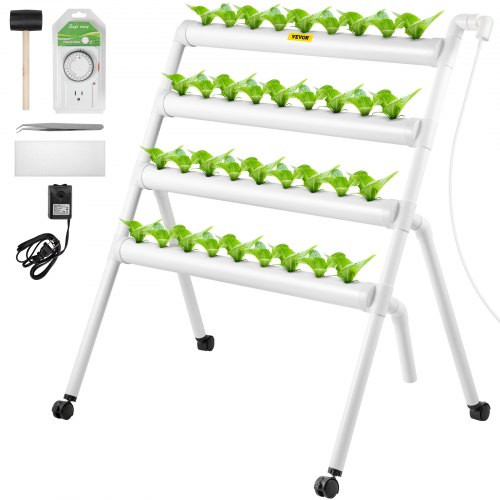 Hydroponics Growing System, 36 Sites 4 Food-Grade PVC-U Pipes, 4 Layers Indoor Planting Kit with Water Pump, Timer, Nest Basket, Sponge for Fruits, Vegetables, Herb, White