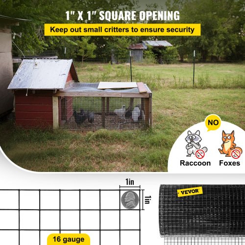 Hardware Cloth, 36" x 50' & 1"x1" Mesh Size, Galvanized Steel Vinyl Coated 16 Gauge Chicken Wire Fencing w/A Cutting Plier & A Pair of Fabric Gloves, for Garden Fencing & Pet Enclosures, Black
