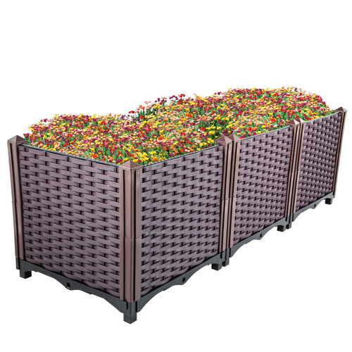 Plastic Raised Garden Bed, 14.5H Flower Box Kit, Brown Rattan Style Grow Planter Care Box, Set of 5 Raised Garden Planter, Self-Watering Elevated Herb Planter, Raised Garden Beds in/Outdoor